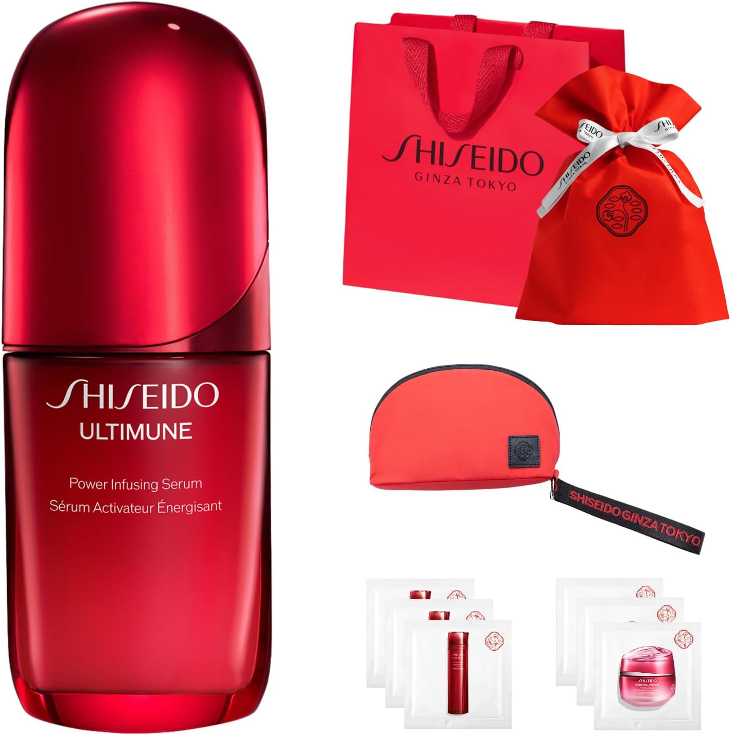 SHISEIDO アルティミューン パワライジング セラム 50mL | 美容液50mL＋化粧液・クリームサンプル＋ブランド特製ポーチ＋ラッピング巾着・ショッパー セット | 2025年モデル | 除去する美容液 | グリーンフローラルの香り | 誕生日 化粧品 ラッピングサービス | 資生堂